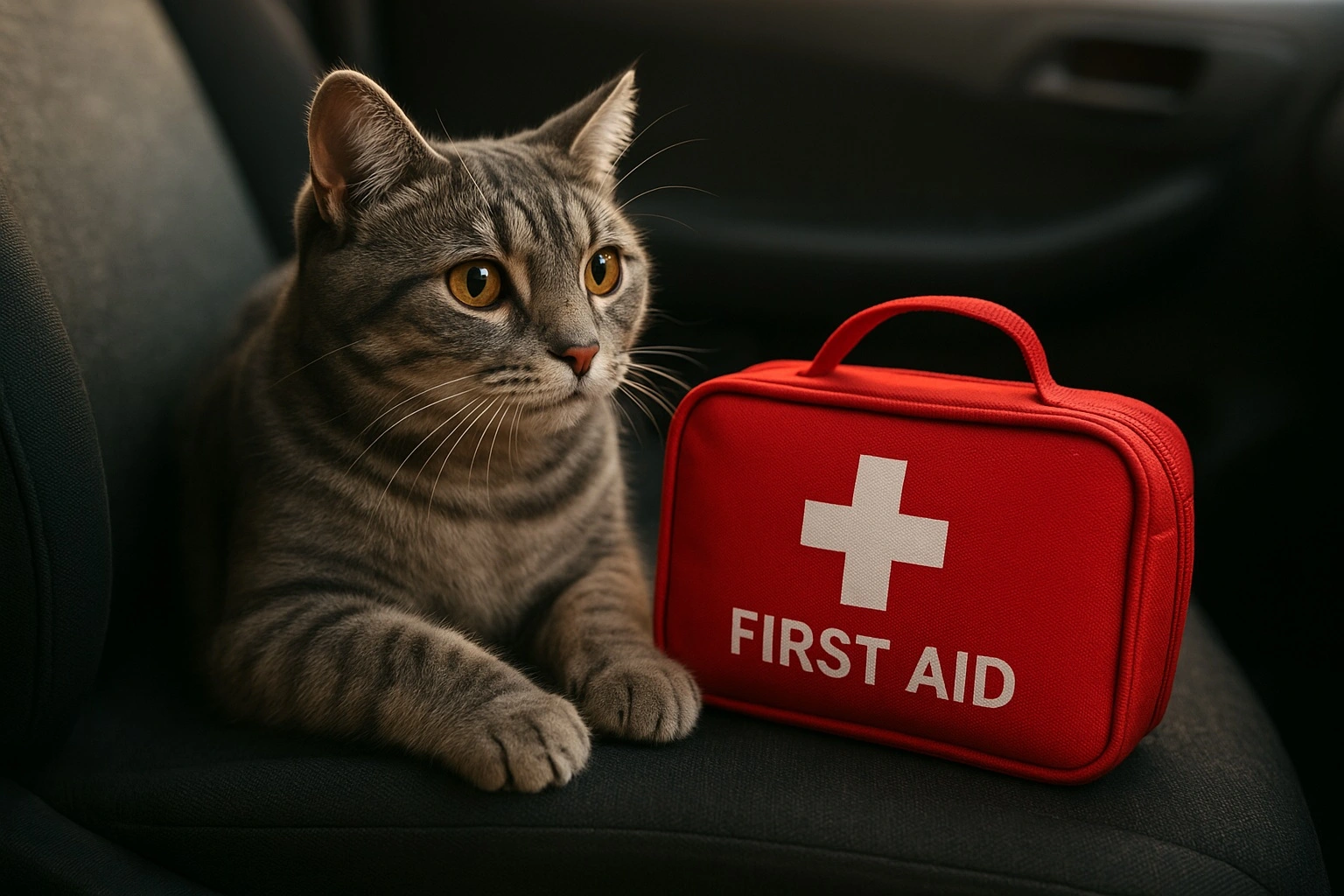 Серый полосатый кот на сиденье автомобиля касается лапой красной автомобильной аптечки