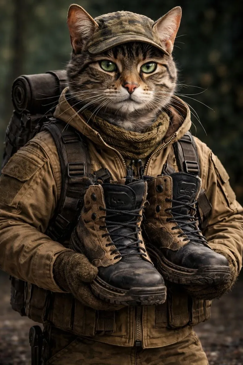 Антропоморфный полосатый кот в тактической одежде и кепке держит лапами пару походных ботинок на фоне леса