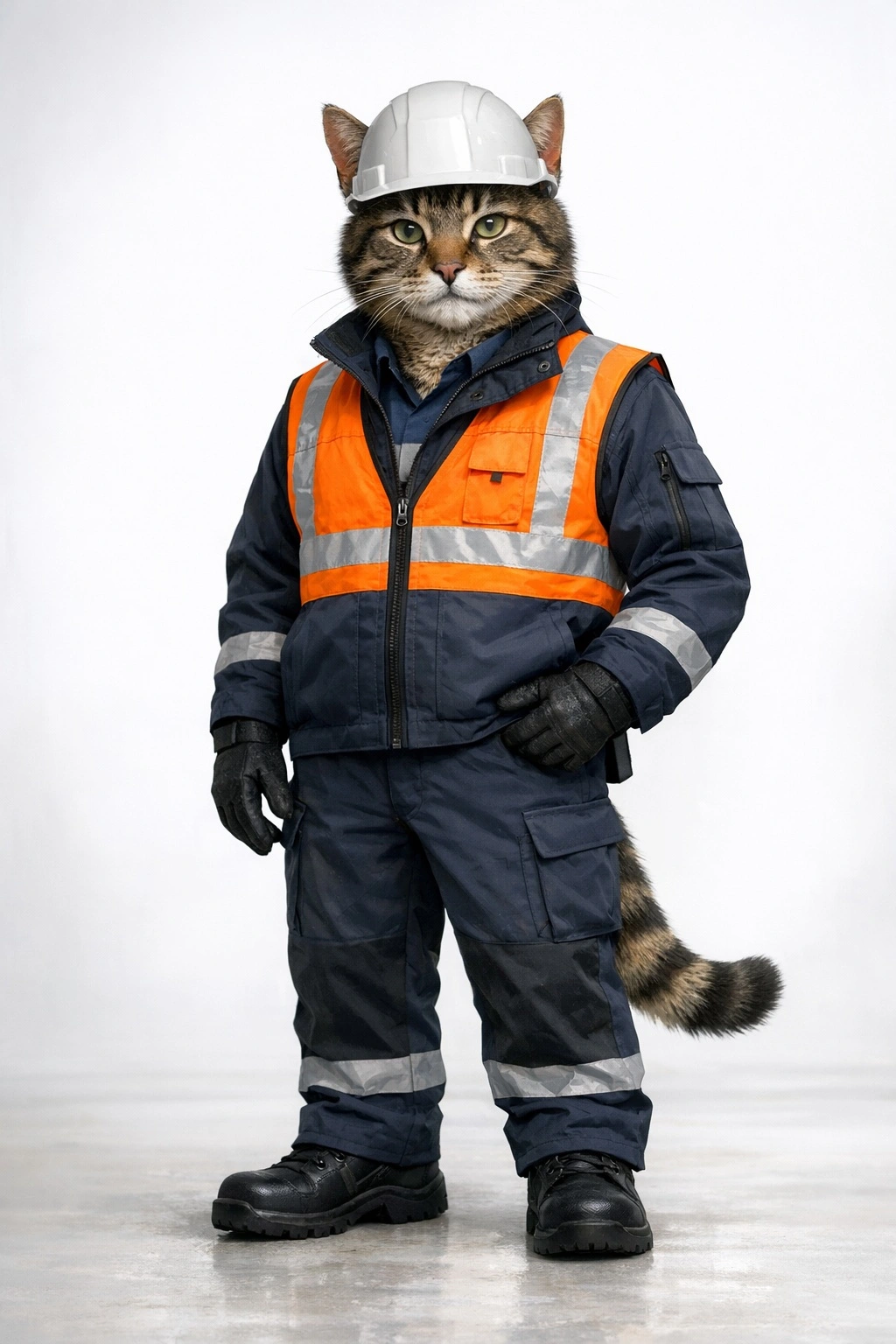 Антропоморфный реалистичный кот в спецодежде: в защитной каске, тёплой рабочей куртке и сигнальном жилете со светоотражающими полосами, в защитных перчатках и ботинках, стоит на нейтральном фоне как специалист по охране труда.