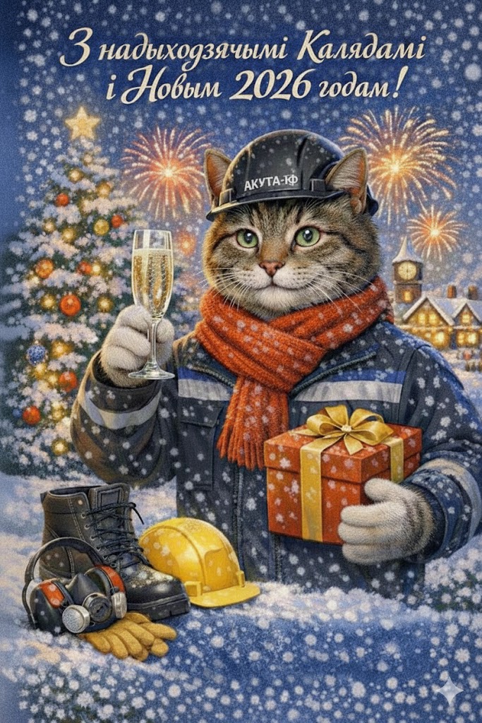 Маляванае навагодняе віншаванне з катом у вобразе будаўніка на фоне заснежанага горада і ялінкі.