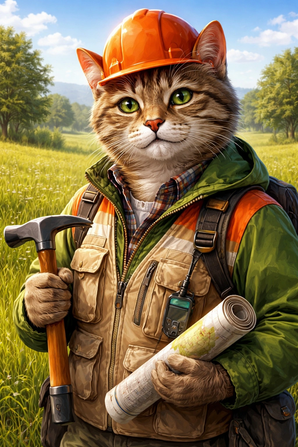 Антрапаморфны кот-геолаг у ахоўнай касцы і спецадзенні з геалагічным малатком і картай у полі Беларусі