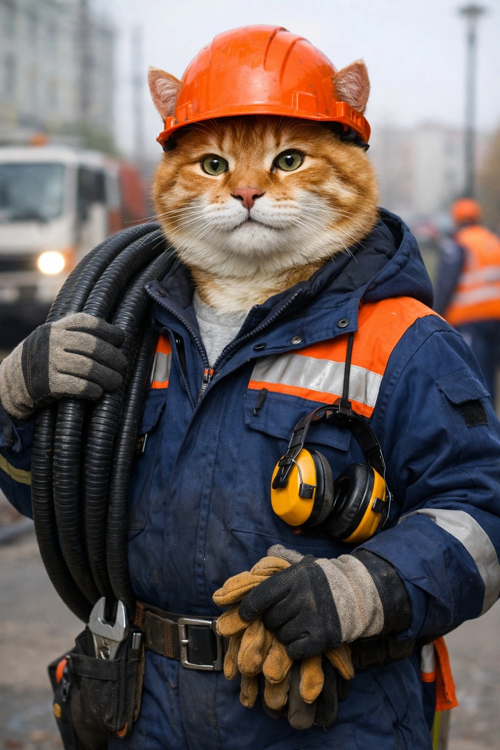 Антропоморфный реалистичный рыжий кот в защитной каске и рабочей спецодежде со светоотражающими полосами, с кабелем на плече и средствами индивидуальной защиты, на фоне городской коммунальной службы.