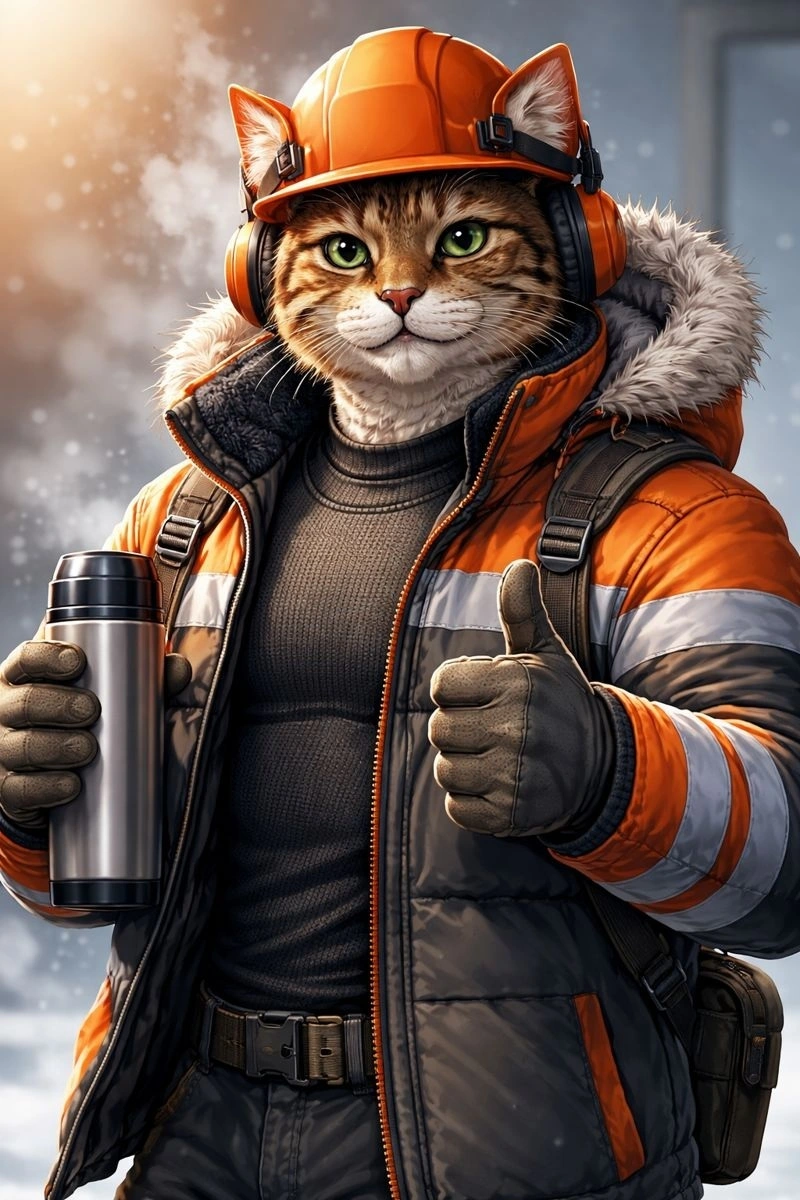 Антропоморфный кот в термобелье и зимней спецодежде — иллюстрация к статье о необходимости термобелья для работы