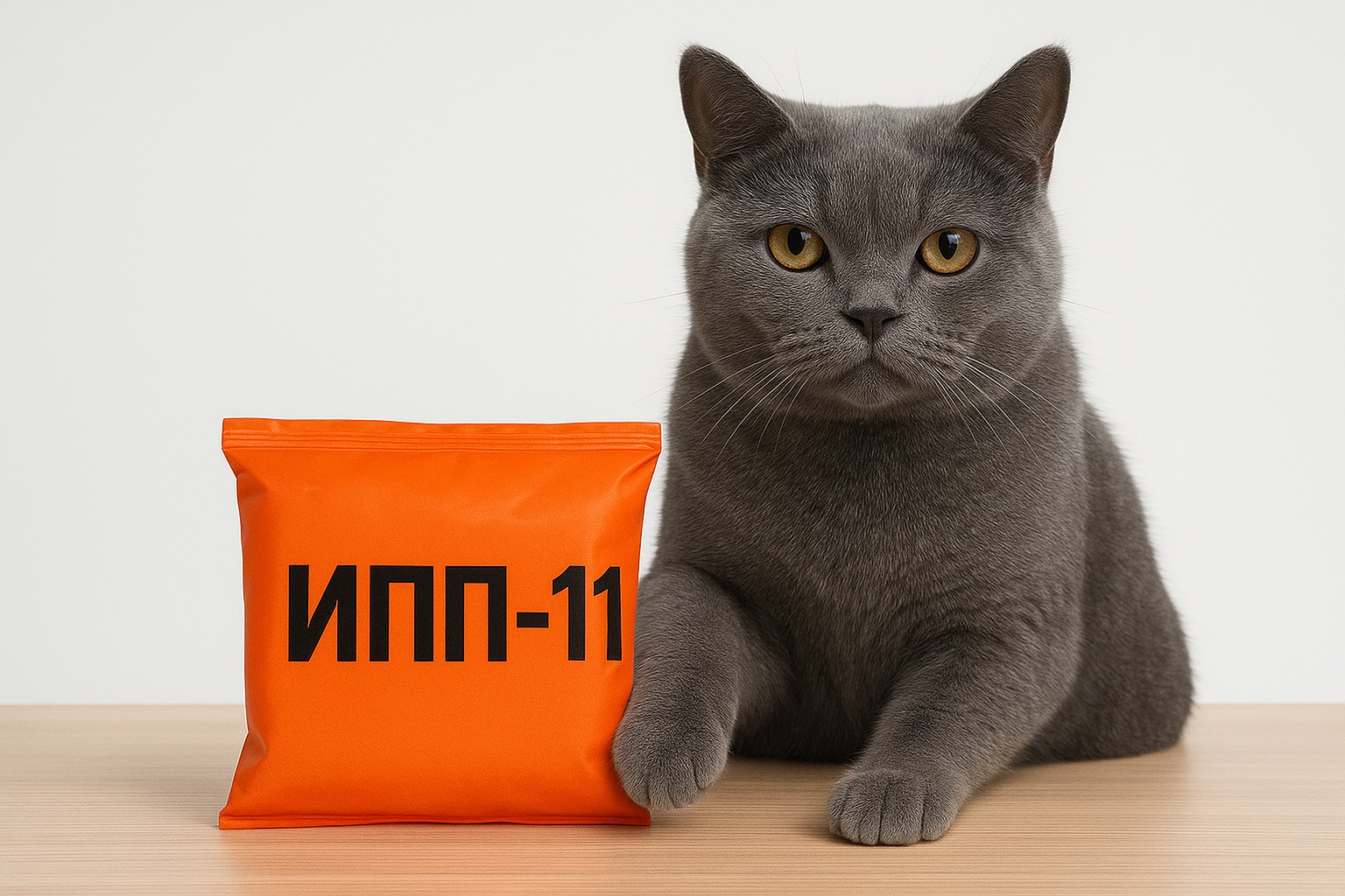 Серый британский короткошерстный кот сидит за светлым деревянным столом; на столе лежит оранжевый комплект ИПП-11, на который кот уверенно кладёт лапу. Белый фон, студийное освещение.