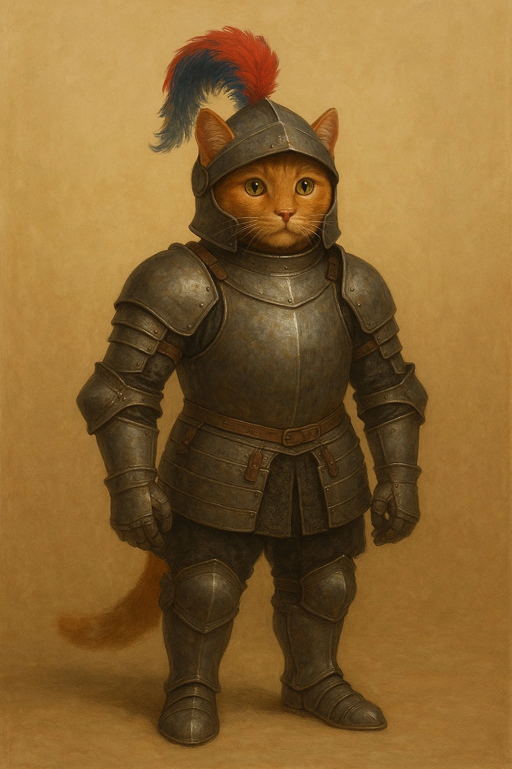 Кот в рыцарских доспехах. Доспехи серые, с красными и синими перьями на шлеме. Кот стоит прямо, смотрит вперёд.