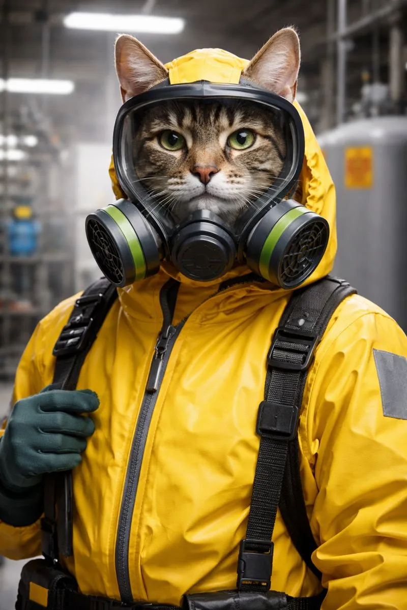 Антропоморфный кот в кислотощелочестойком защитном костюме КЩС с противогазом — иллюстрация средств индивидуальной защиты от кислот и щелочей