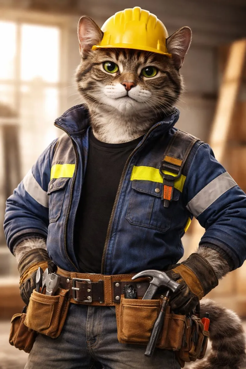 Антропоморфный кот в спецодежде и защитной каске — символ выбора спецобуви и СИЗ для разных сезонов