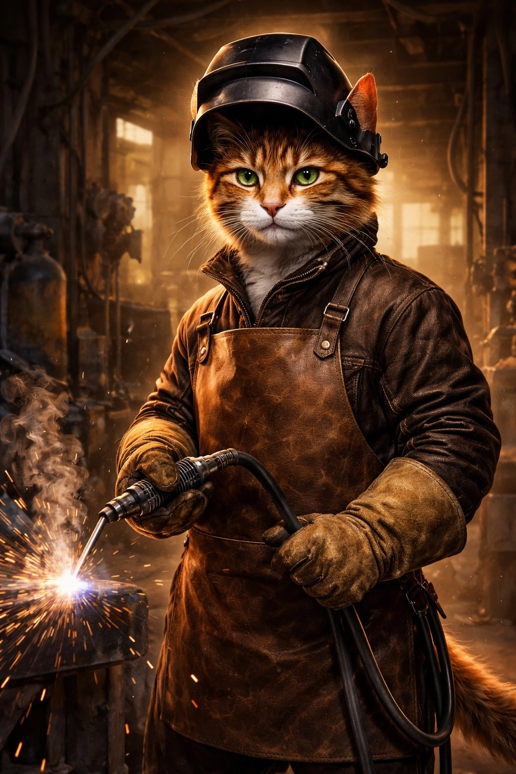 Антропоморфный кот-сварщик в защитном костюме и крагах выполняет сварочные работы в промышленной мастерской, искры от сварки разлетаются вокруг.
