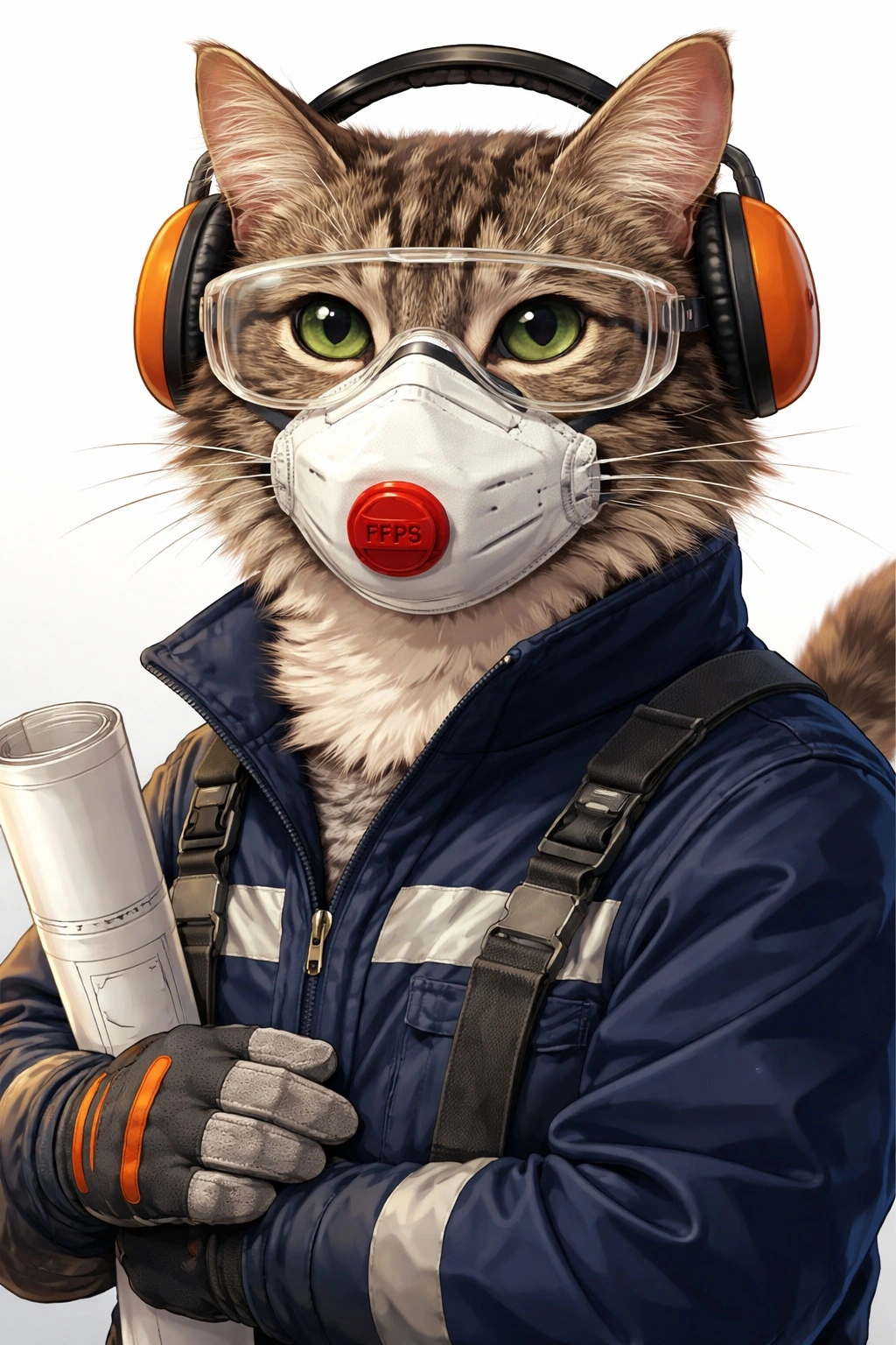 Антропоморфный кот в спецодежде в защитных очках и респираторе, иллюстрация правильного использования СИЗ органов дыхания