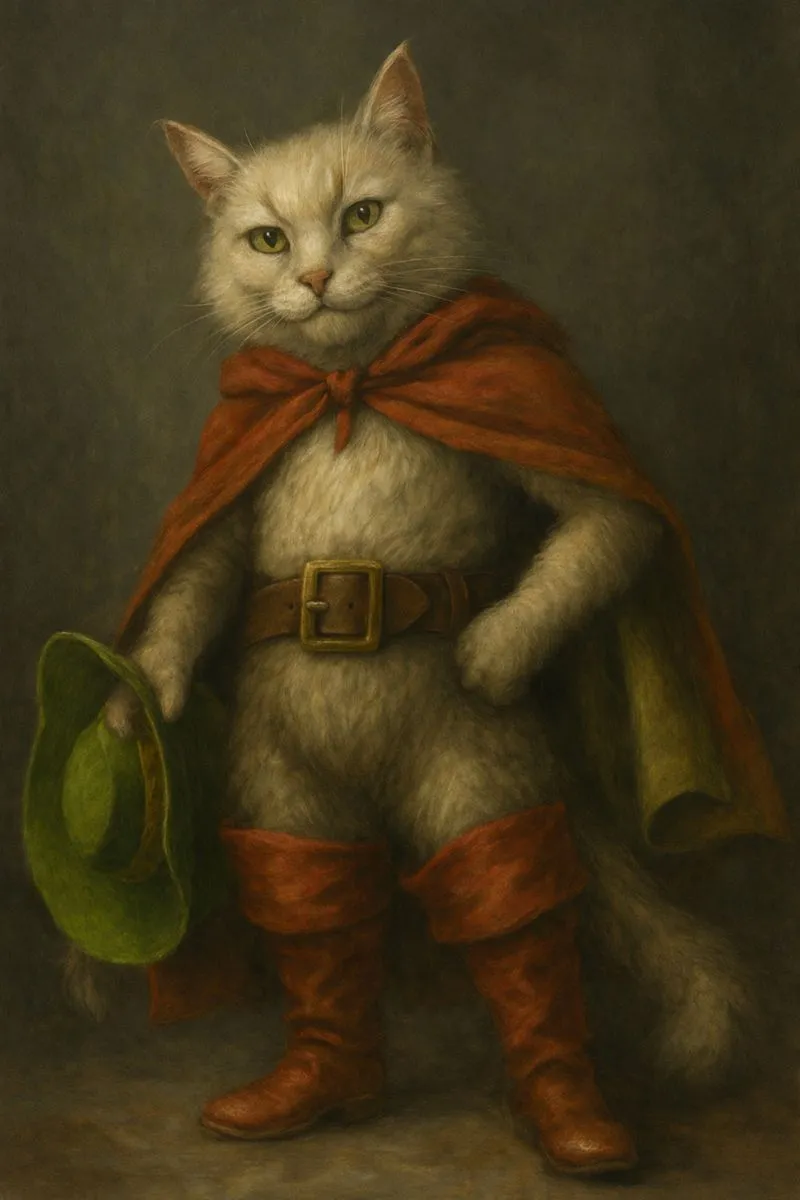 Серый полосатый кот в красном плаще, красных сапогах и с широкополой зеленой шляпой в лапе.