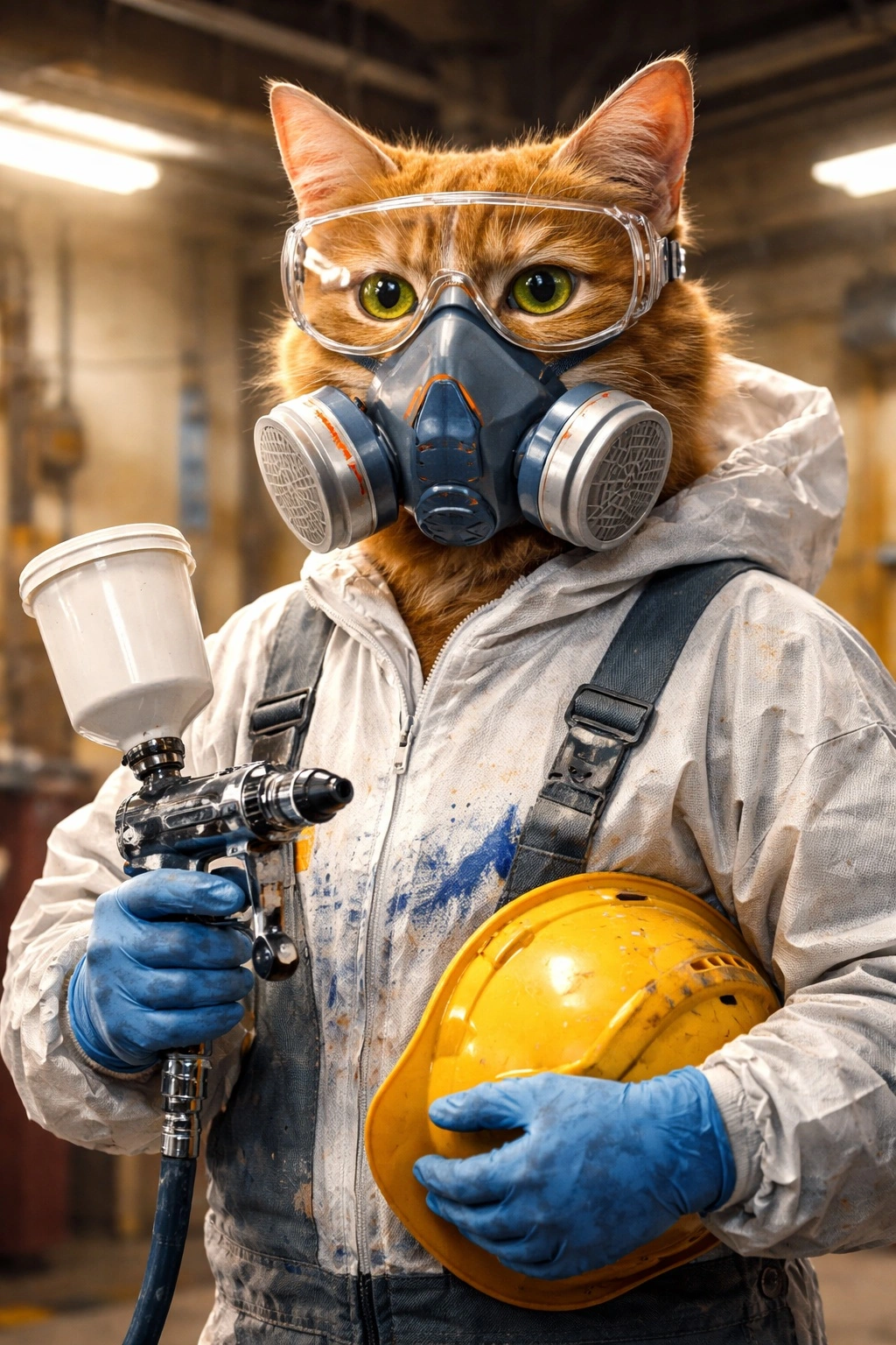 Антропоморфная кошка-художник в защитном комбинезоне, респираторе и очках с краскопультом, выполняющая лакокрасочные работы