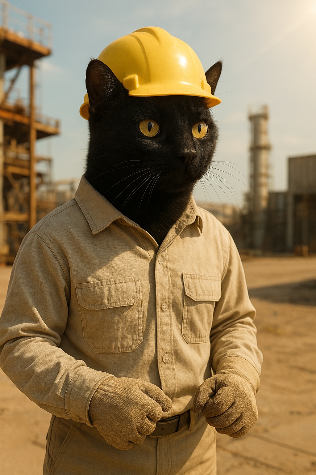 Реалистичный чёрный кот в лёгкой летней спецодежде и жёлтой защитной каске стоит на солнечной промышленной площадке, создавая образ рабочего в жаркое время года.