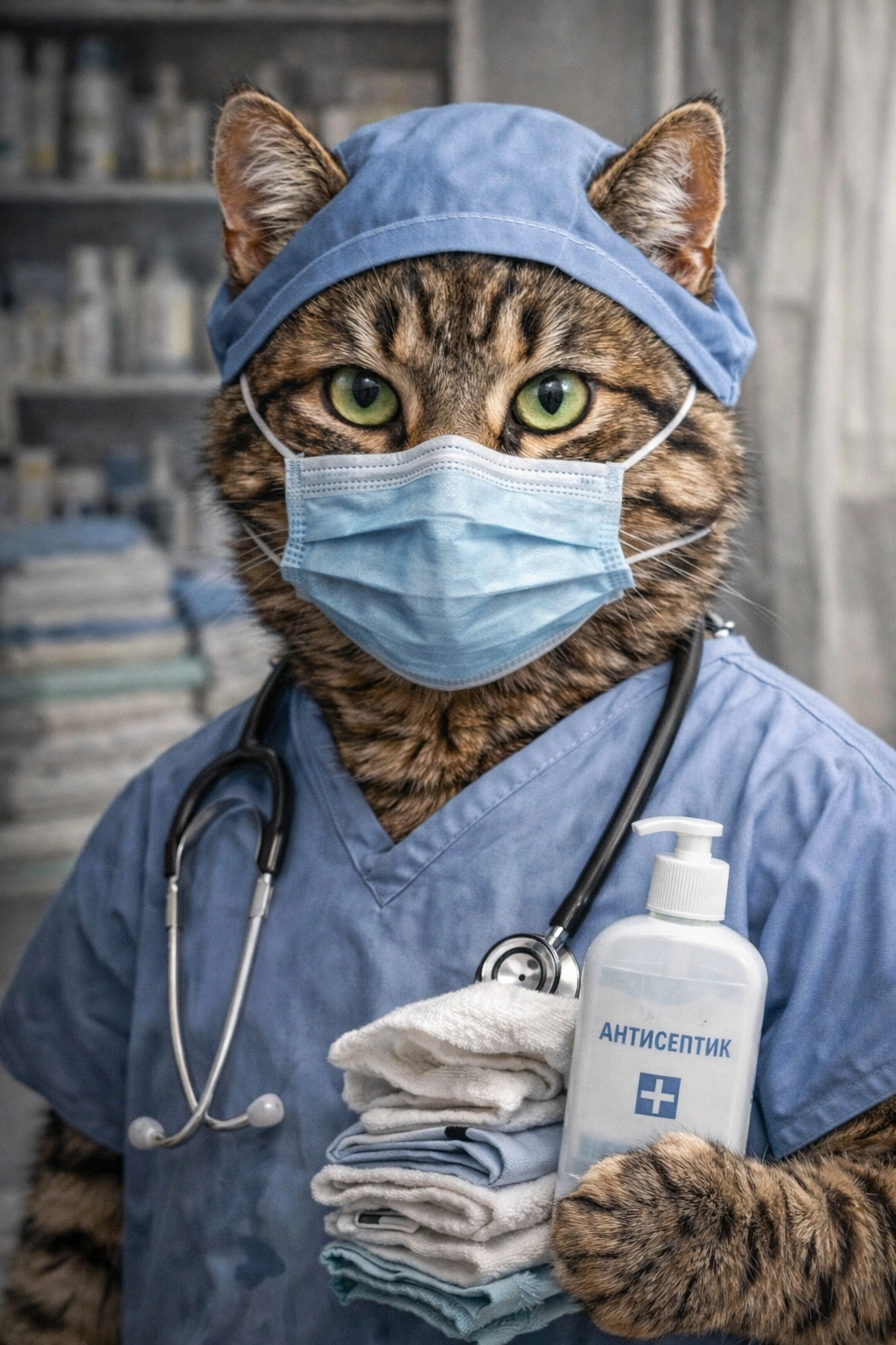Антропоморфный реалистичный кот в медицинской спецодежде, маске и шапочке держит антисептик и чистые полотенца, иллюстрация правильного ухода и гигиены медицинской формы.