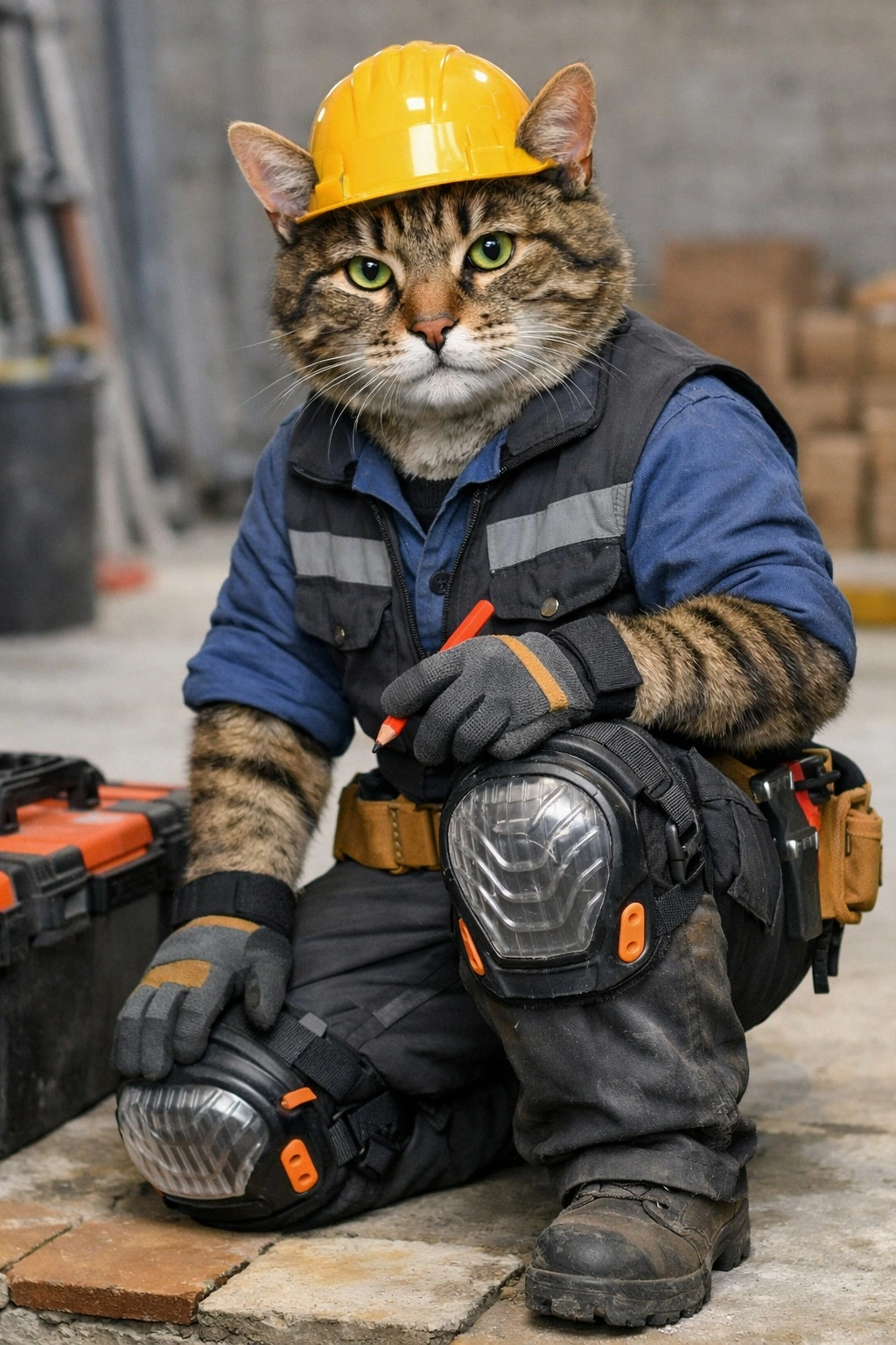 Антропоморфный реалистичный кот-строитель в рабочей форме и защитной каске с наколенниками, стоящий на колене на стройплощадке, демонстрирует использование рабочих наколенников для защиты суставов