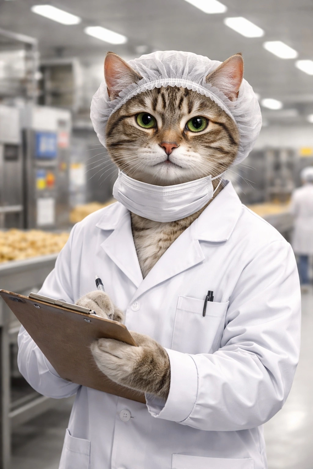 Антропоморфный кот в санитарной одежде и головном уборе на пищевом производстве — иллюстрация санитарной спецодежды