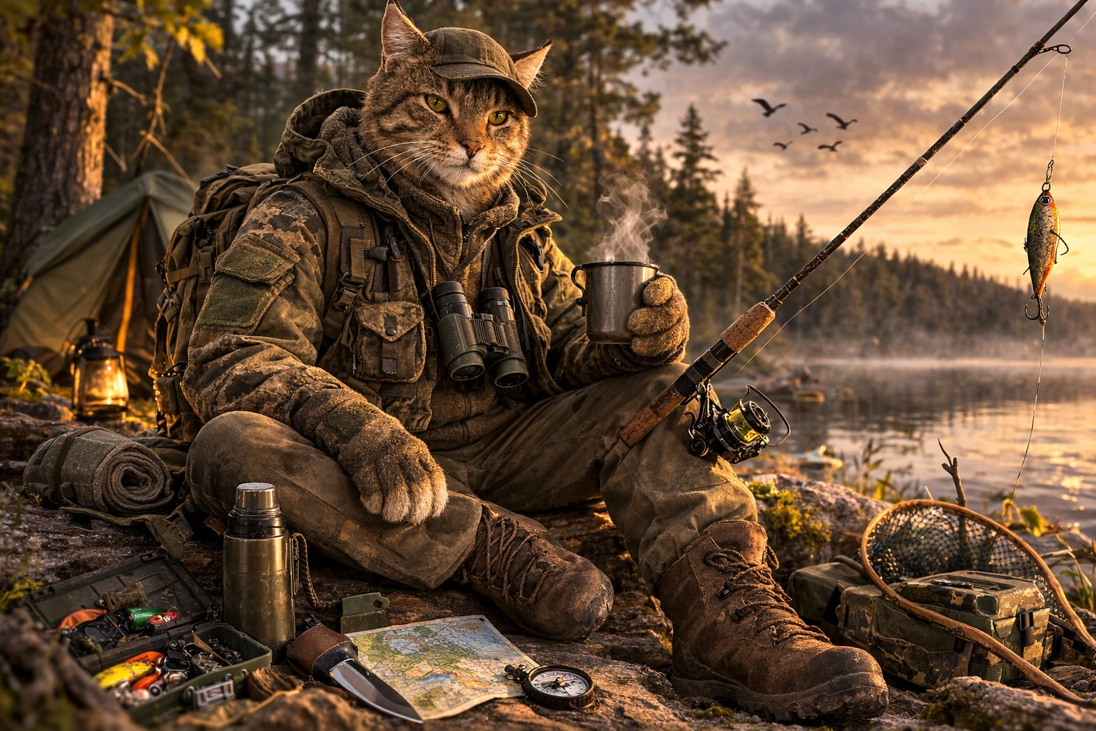 Антропоморфный кот-рыбак в камуфляжной одежде для охоты и рыбалки сидит у лесного озера с удочкой и туристическим снаряжением