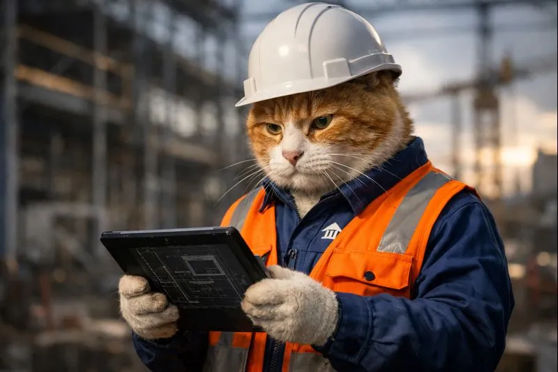 Антропоморфный рыже-белый кот-прораб в защитной каске и сигнальной жилетке проверяет чертежи на планшете на строительной площадке.