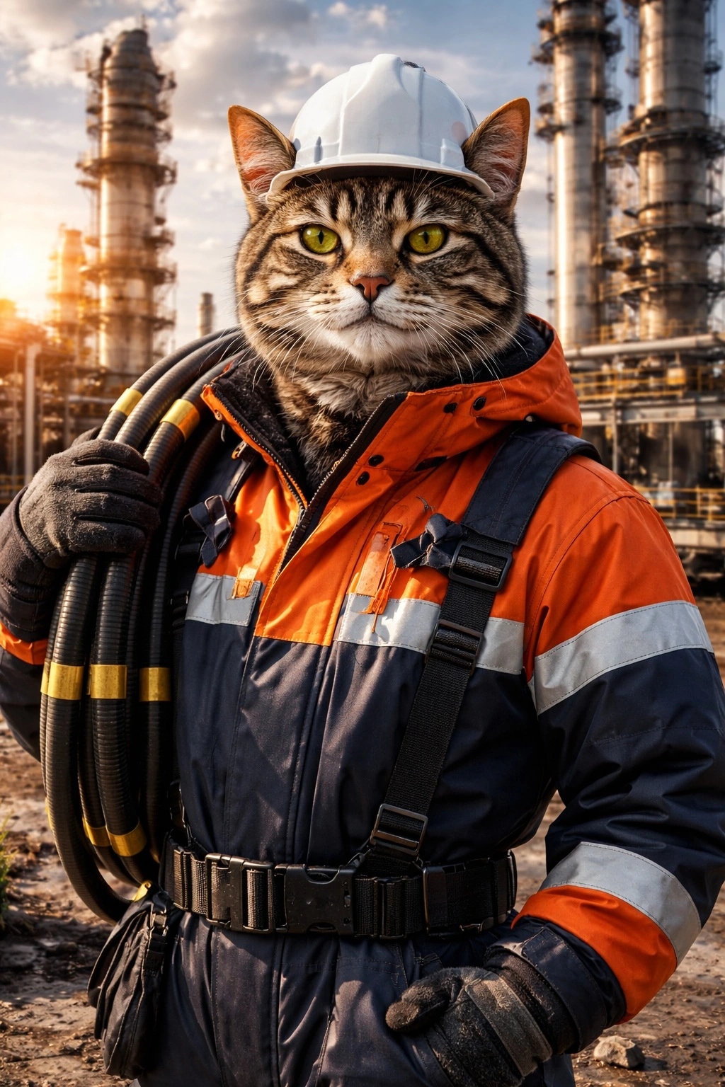 Антропоморфный реалистичный кот в защитной спецодежде и каске на фоне нефтеперерабатывающего завода