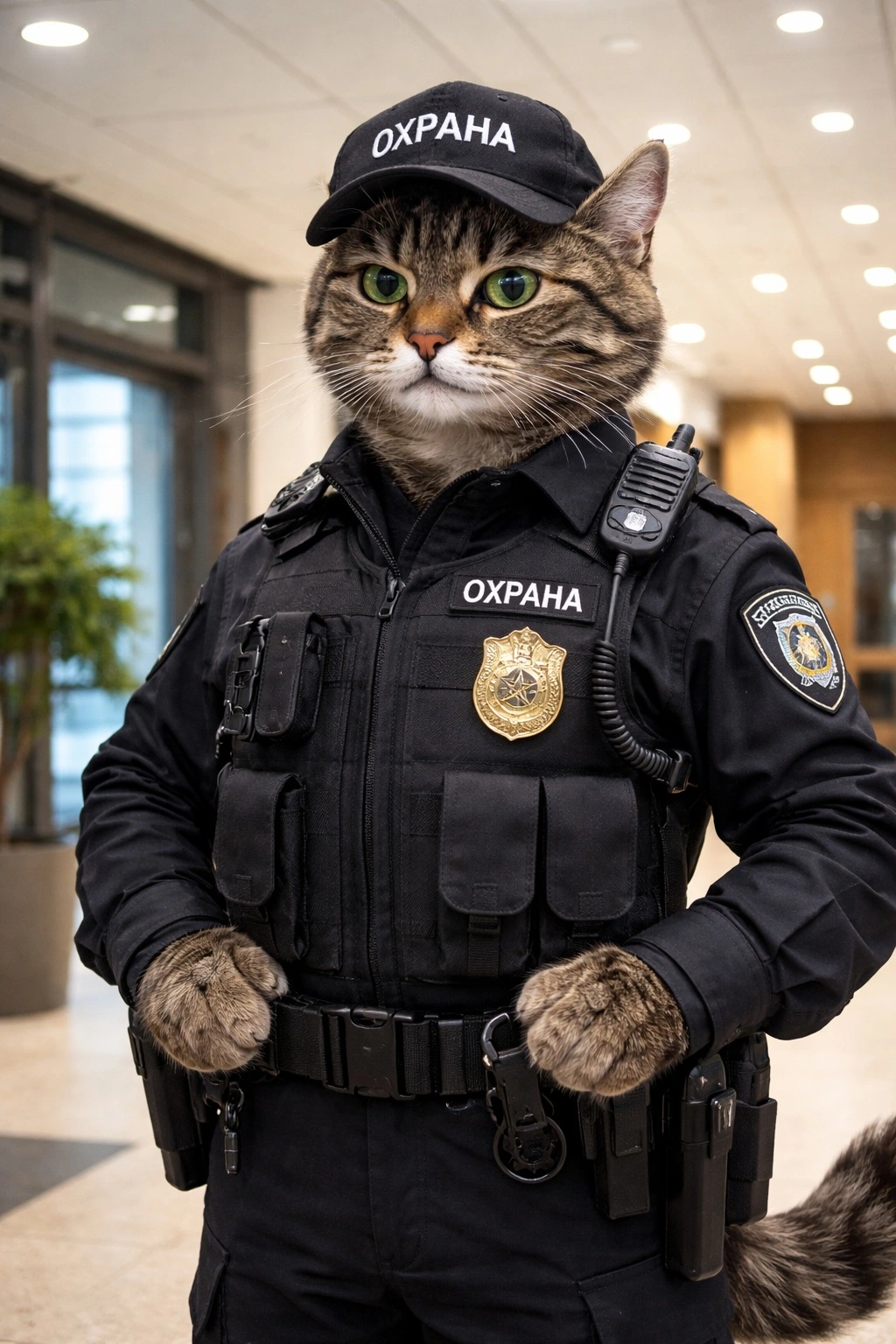 Антропоморфный кот-охранник в корпоративной форме с надписью «ОХРАНА» в современном офисе