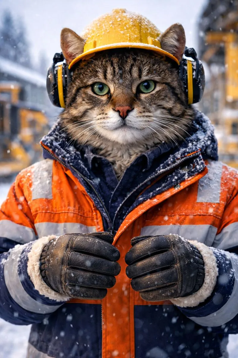 Реалистичный антропоморфный кот в зимней рабочей спецодежде и тёплых защитных перчатках стоит на заснеженной строительной площадке в холодных погодных условиях.