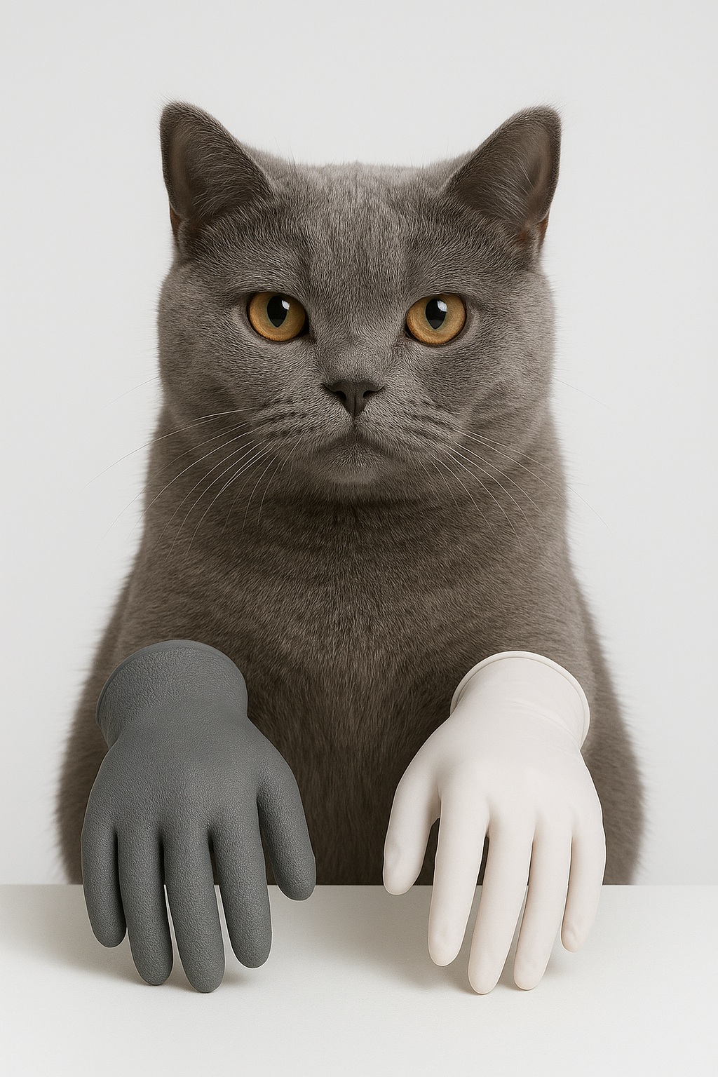 Серый британский короткошерстный кот сидит за столом на белом фоне; на передних лапах — две резиновые перчатки: серая фактурная и белая гладкая; серьёзное, товарное студийное фото.