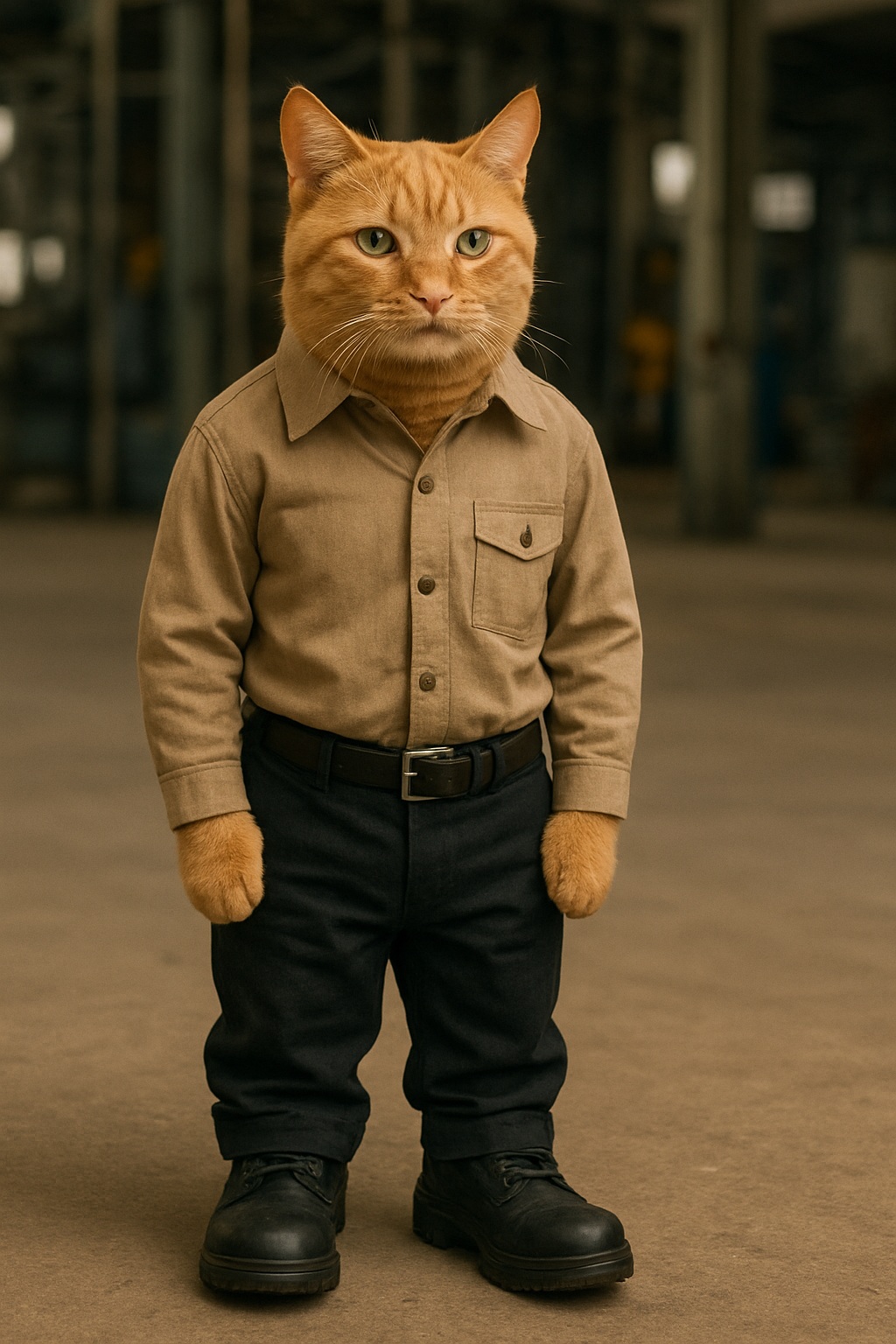 Реалистичный рыжий кот, стоящий в человеческой позе, полностью одетый в рабочую форму — рубашку, брюки и защитные ботинки — в промышленном помещении.