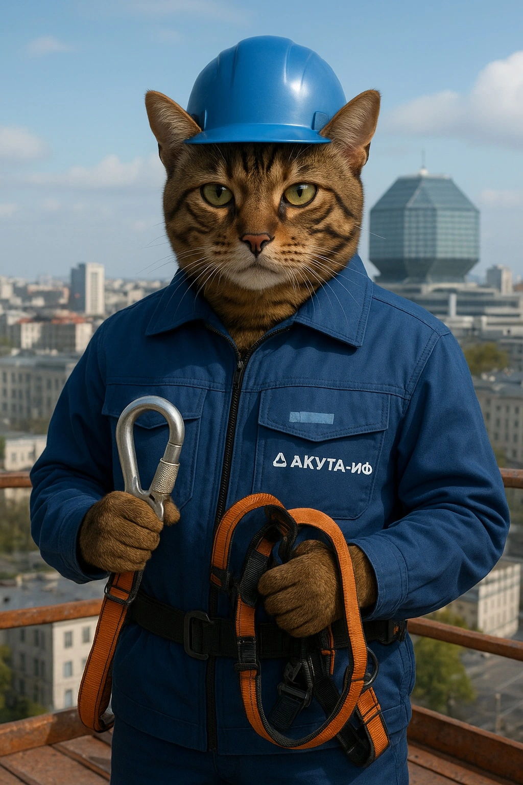 Антропоморфный кот — специалист по охране труда — в качественной синей спецодежде с логотипом «АКУТА-ИФ». Он уверенно и компетентно демонстрирует страховочную привязь, держа в лапах карабин и поясной ремень.