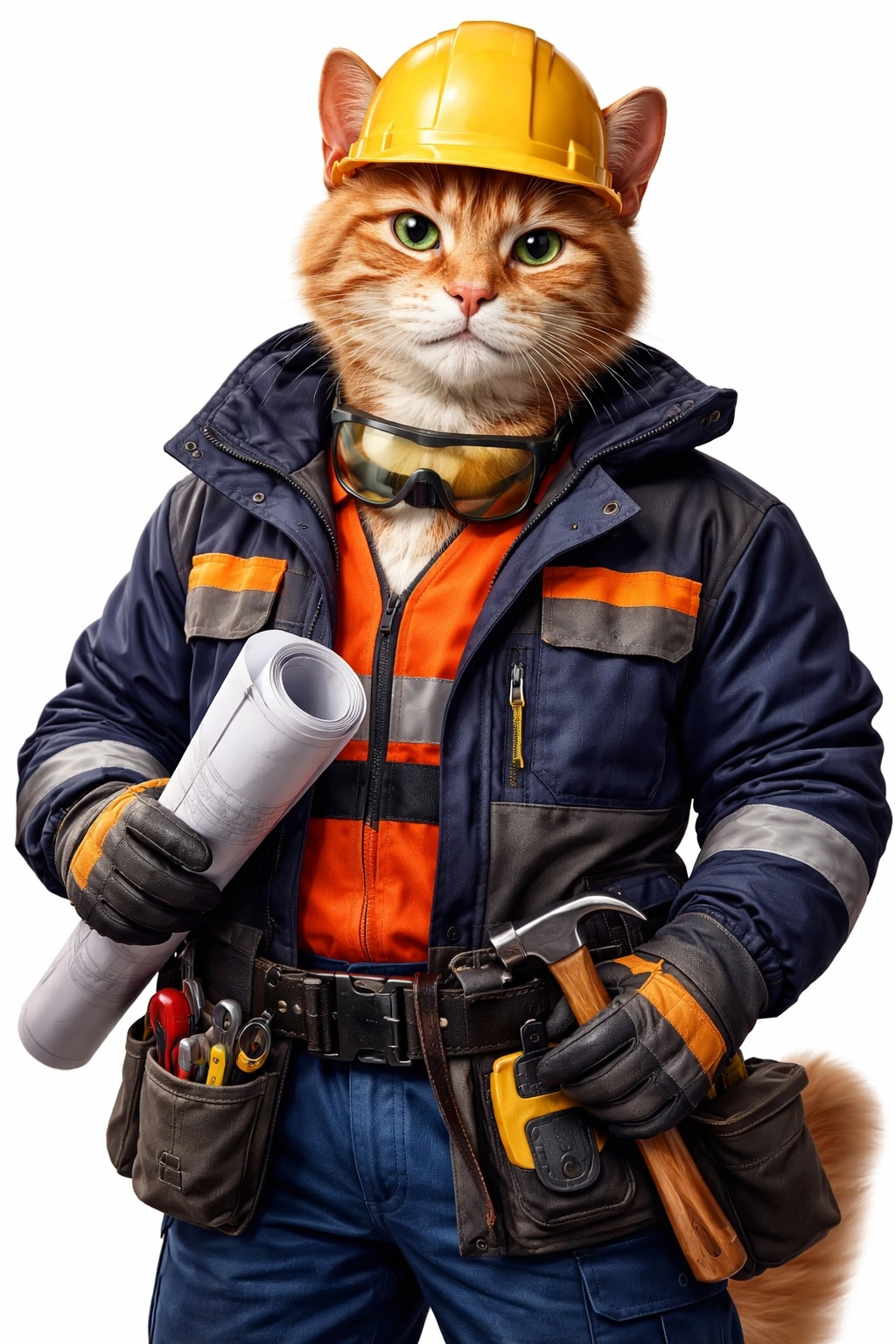 Реалистичный антропоморфный кот в рабочей спецодежде с каской, защитными очками, перчатками и инструментами, держит свернутый чертёж