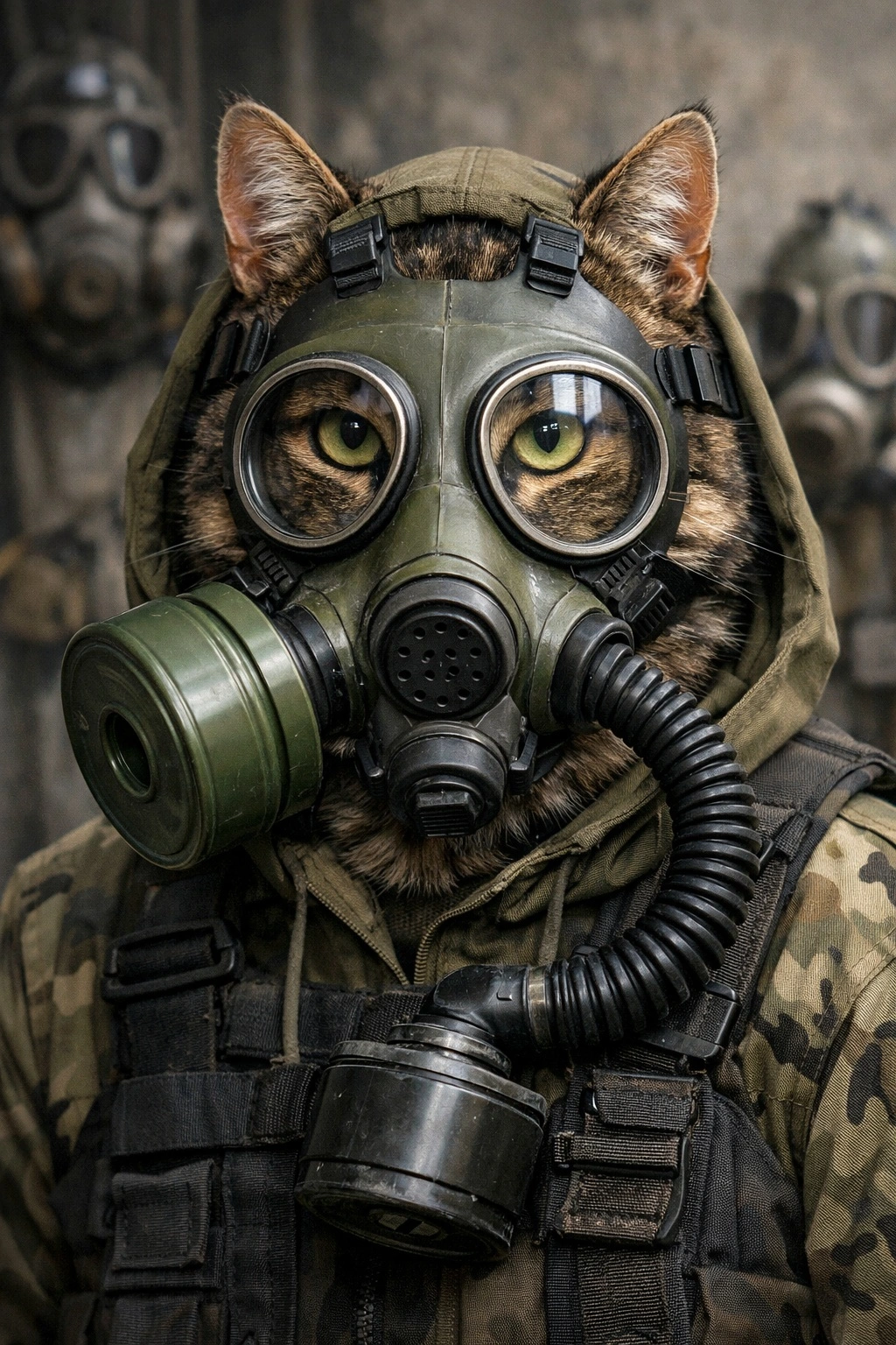 Антропоморфный реалистичный кот в промышленном противогазе с фильтром и защитной одежде, иллюстрация средств защиты органов дыхания и их применения.