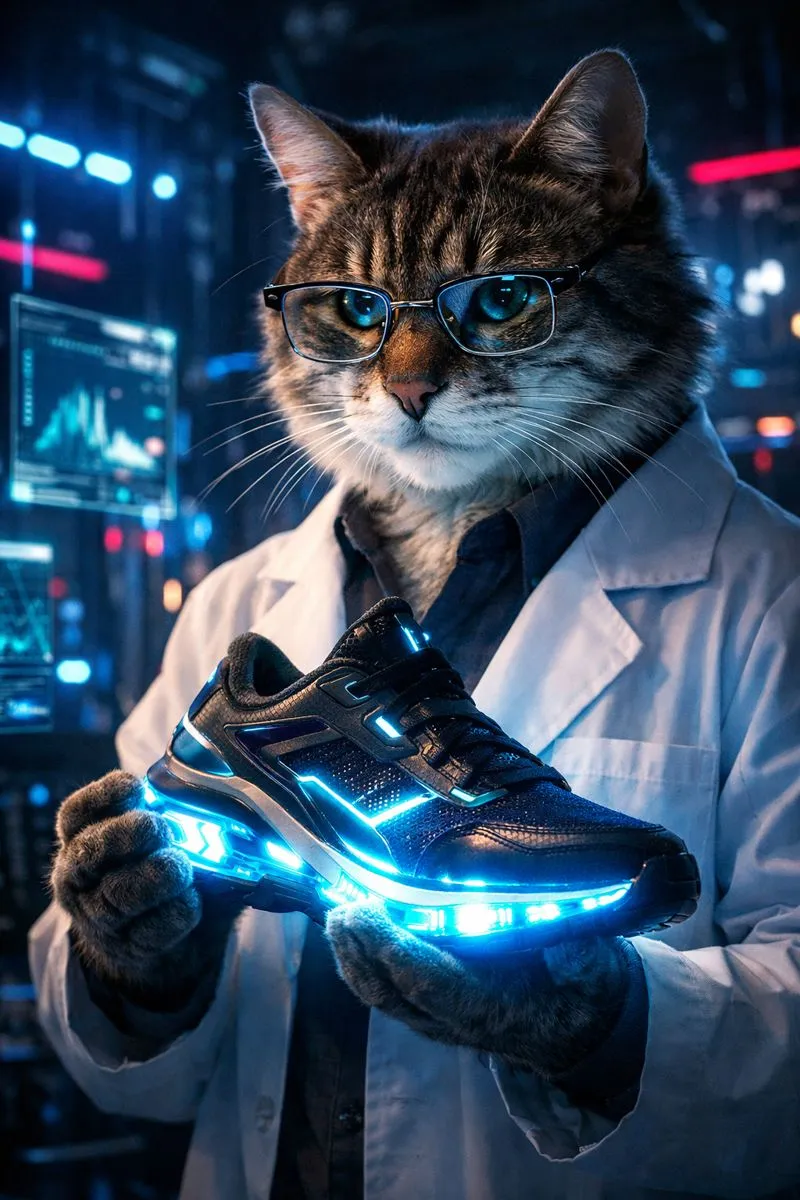 Антропоморфный кот-учёный в белом лабораторном халате и очках держит футуристическую кроссовку с неоново-синей подсветкой в тёмной хай-тек лаборатории в стиле киберпанк.