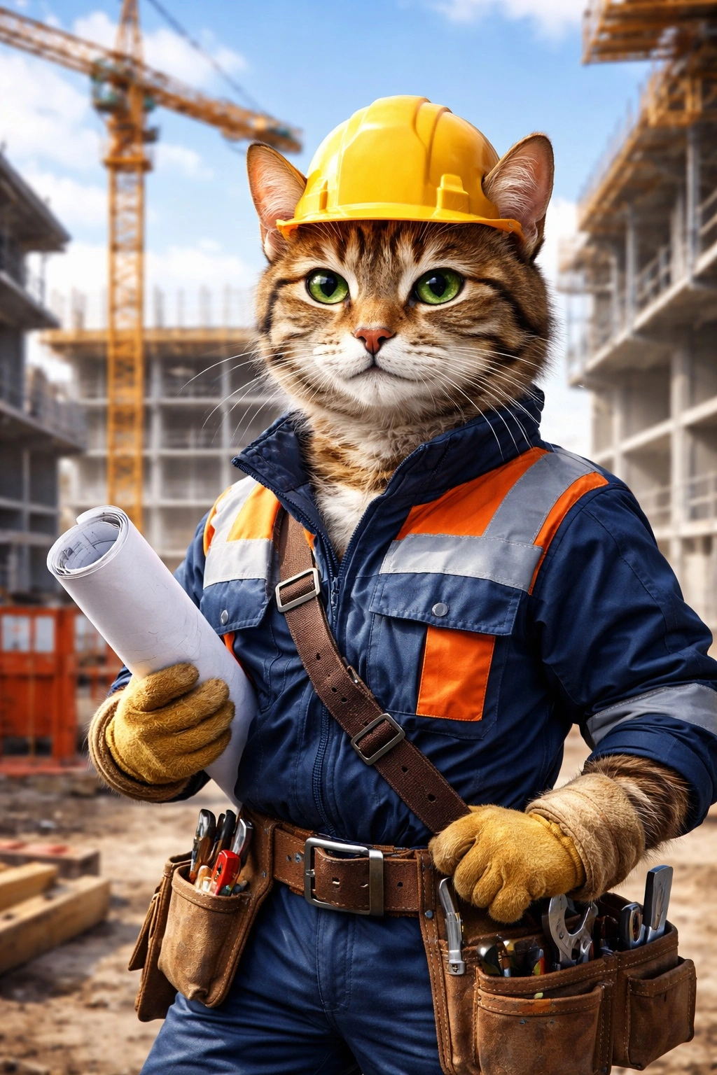 Антропоморфный кот-строитель в защитной спецодежде и каске на фоне строительной площадки