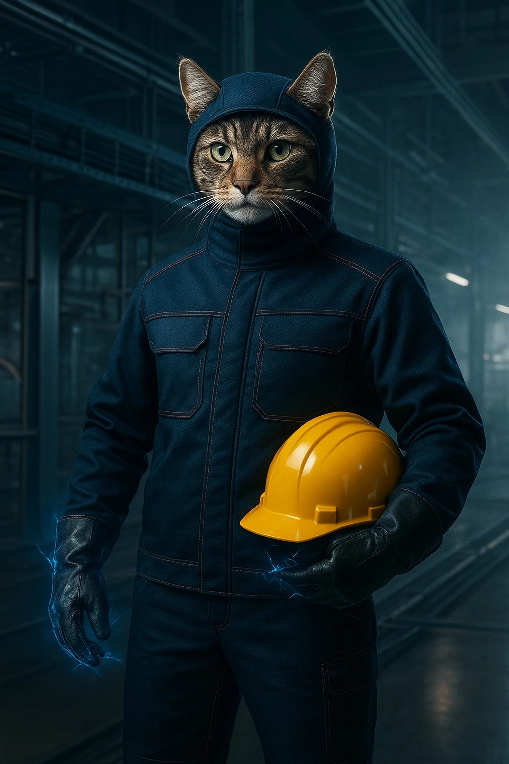 Кот стоит в уверенной рабочей позе на современном промышленном объекте. На нём: высокотехнологичная огнестойкая защитная куртка и брюки с высокой дуговой стойкостью, под мышкой — новая защитная каска.