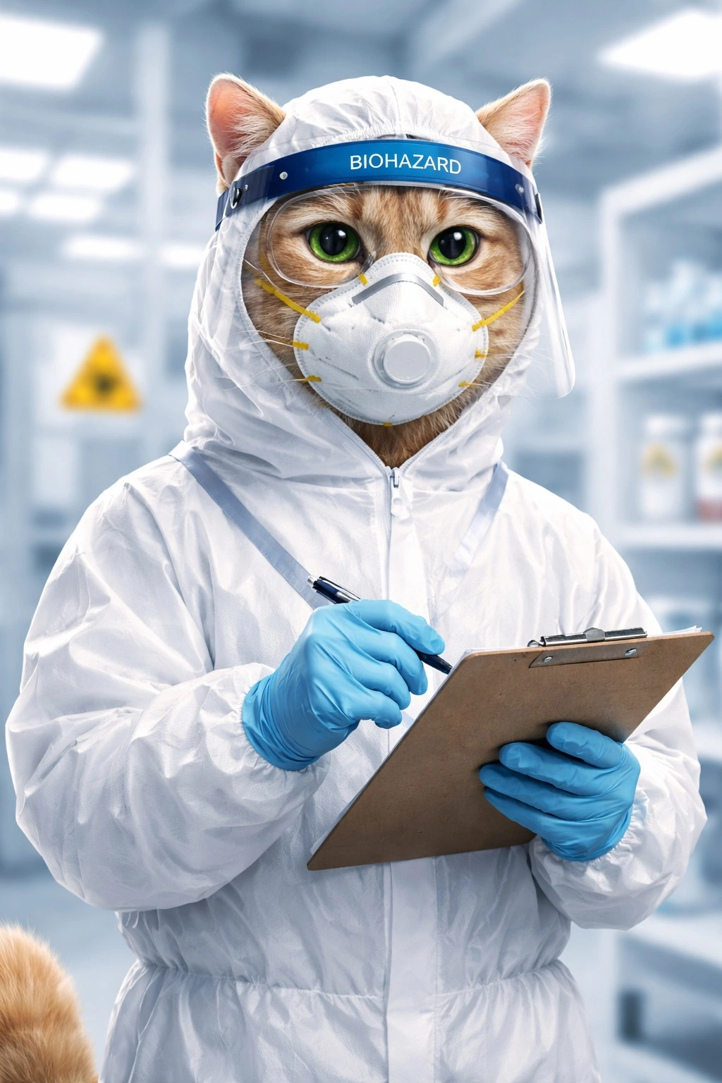 Антропоморфный кот в противовирусной спецодежде и средствах индивидуальной защиты