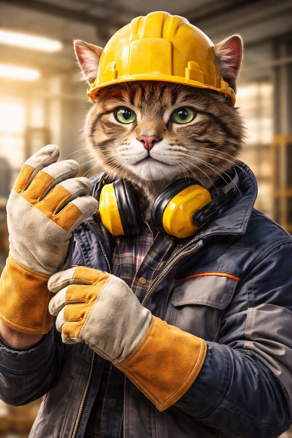 Антропоморфный реалистичный кот в защитной каске и спилковых перчатках с крагами — иллюстрация к статье о защите рук на производстве.