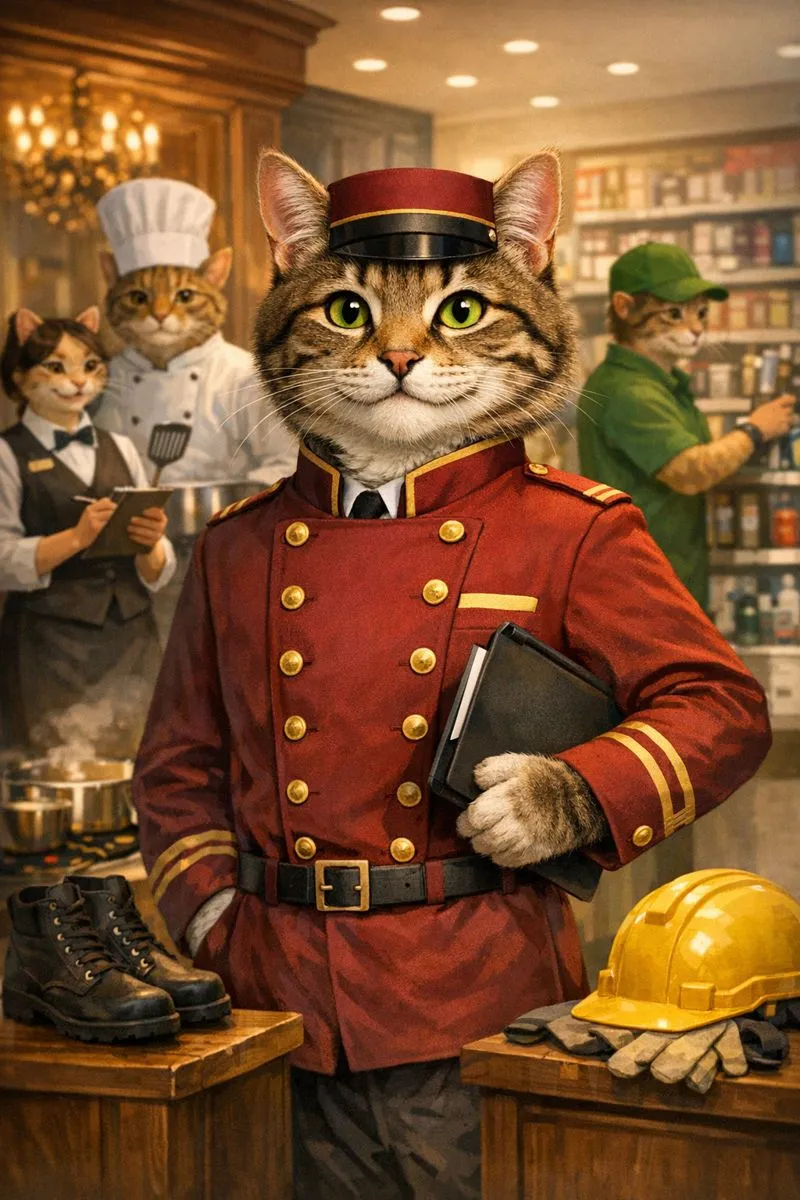 Реалистичный антропоморфный кот в униформе для сферы обслуживания и торговли, символизирующий профессиональный персонал в ресторанах, отелях и магазинах