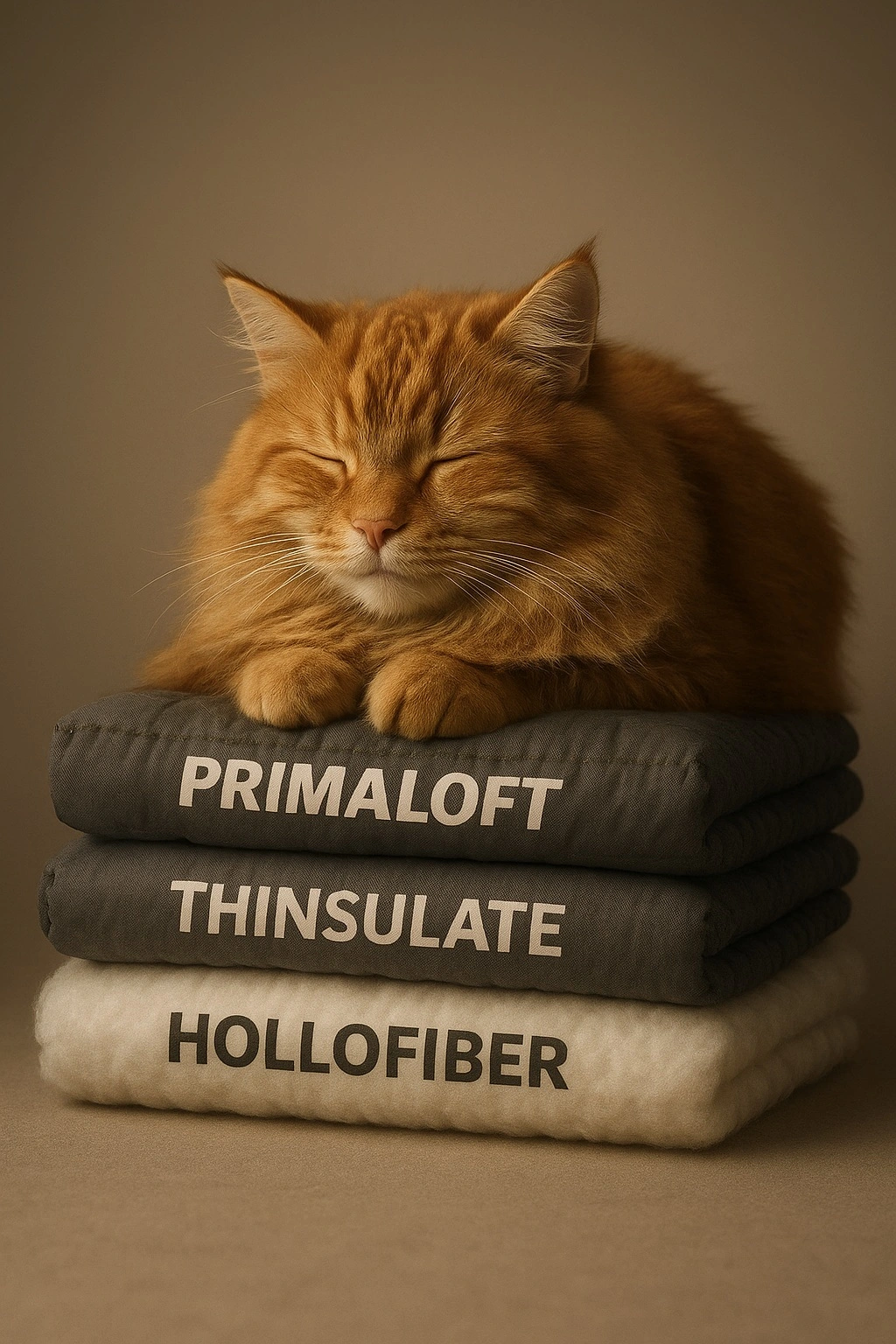 Сонный пушистый рыжий кот лежит на стопке утеплителей Primaloft, Thinsulate и Hollofiber в мягком студийном освещении