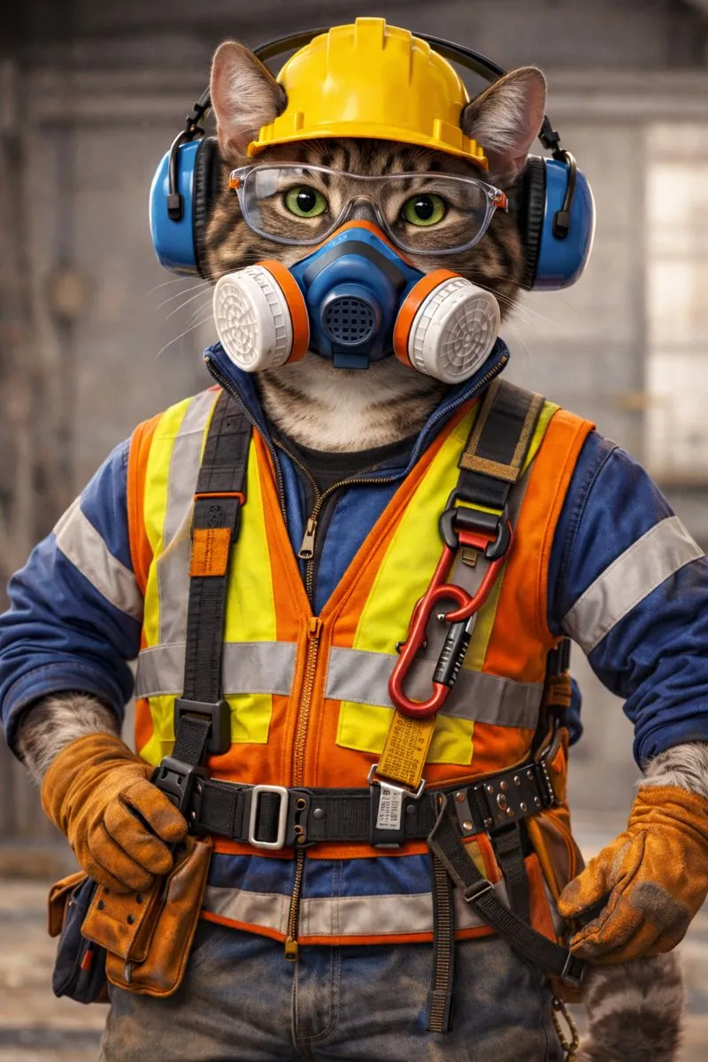 Антропоморфный кот в средствах индивидуальной защиты: каска, респиратор, защитные очки и сигнальный жилет