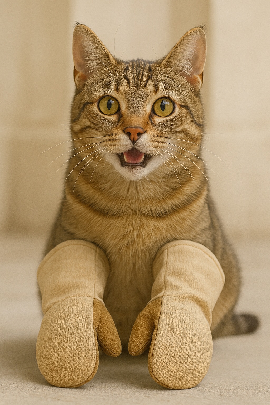 У рыжего кота на передних лапах надеты рабочие рукавицы