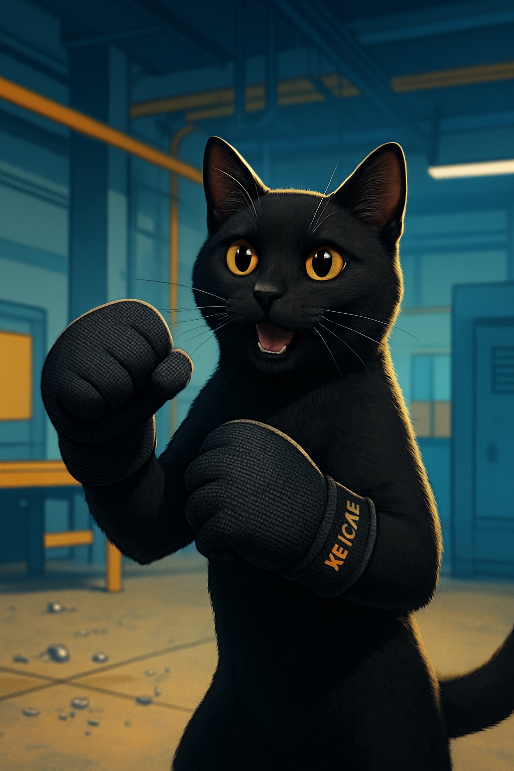 Чёрный антропоморфный кот в рабочих перчатках стоит в заводском помещении и позирует в боевой стойке, подняв кулаки.