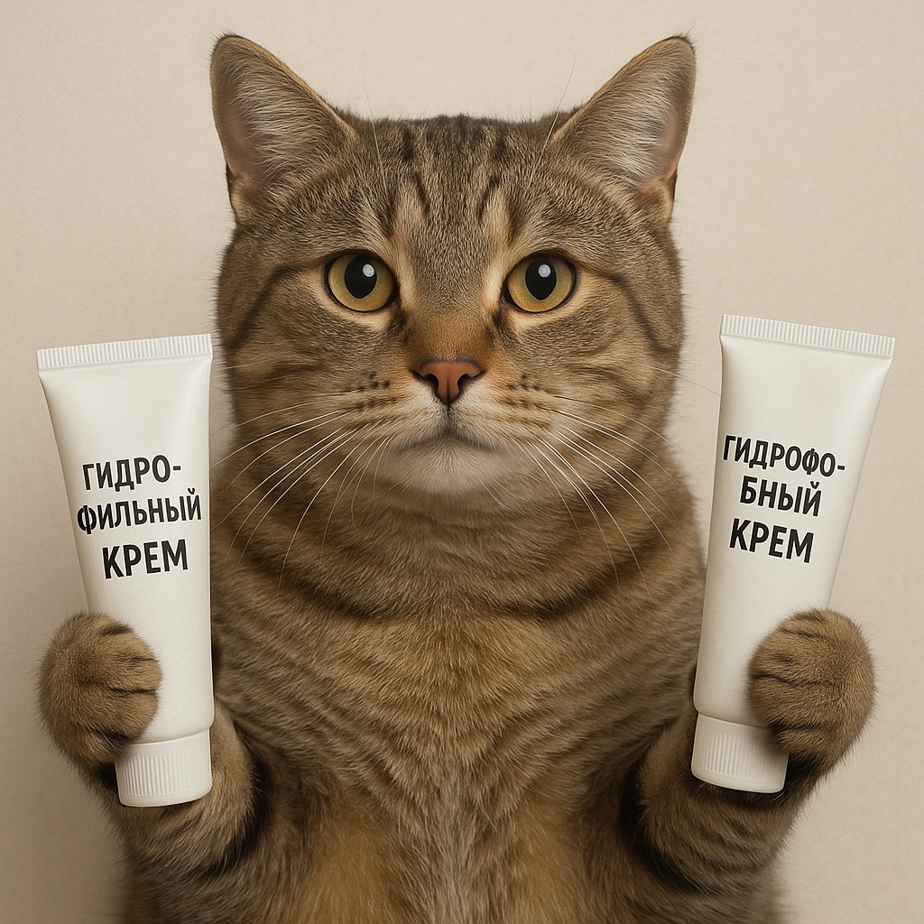 Кот держит в лапах два тюбика с надписями «гидрофильный крем» и «гидрофобный крем»
