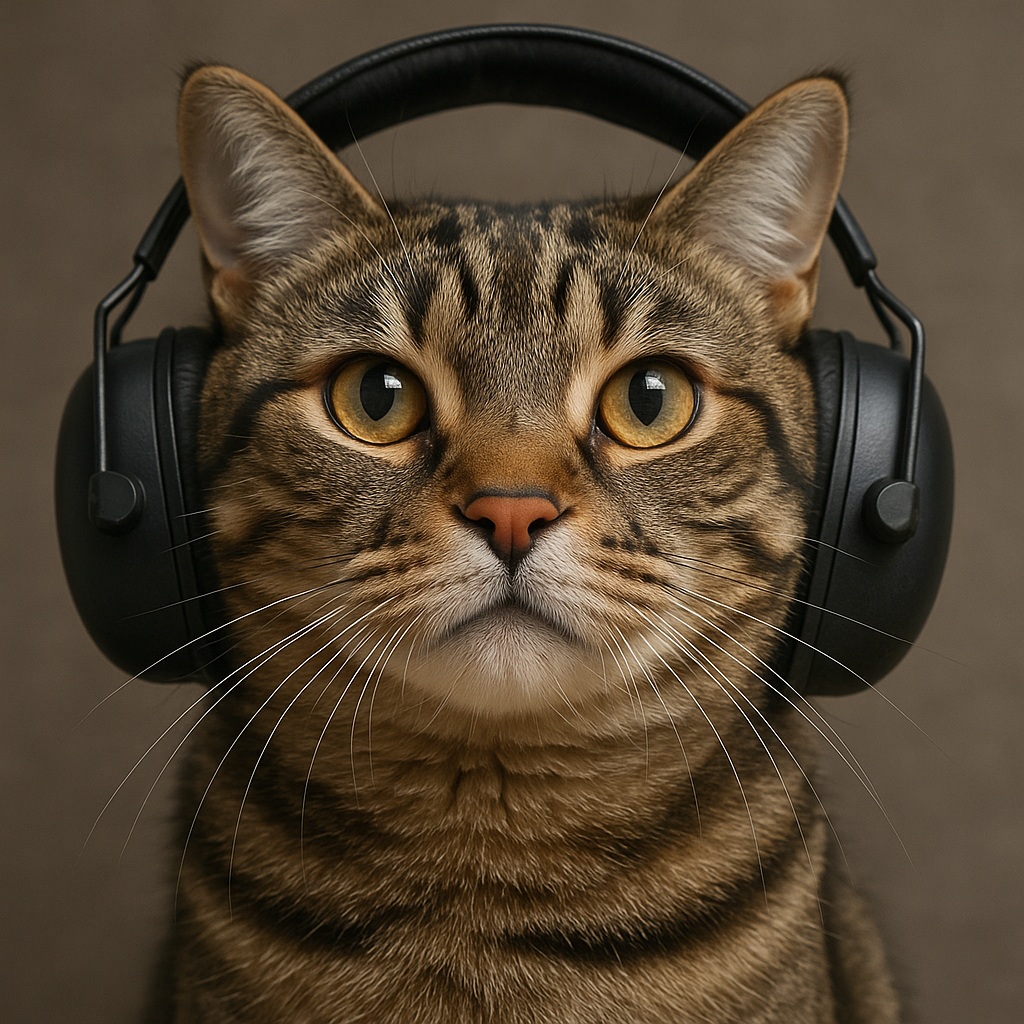 На голове у полосатого кота надеты черные наушники