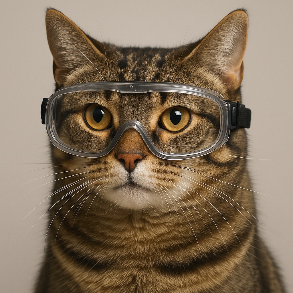 На глазах у серого кота надеты защитные очки