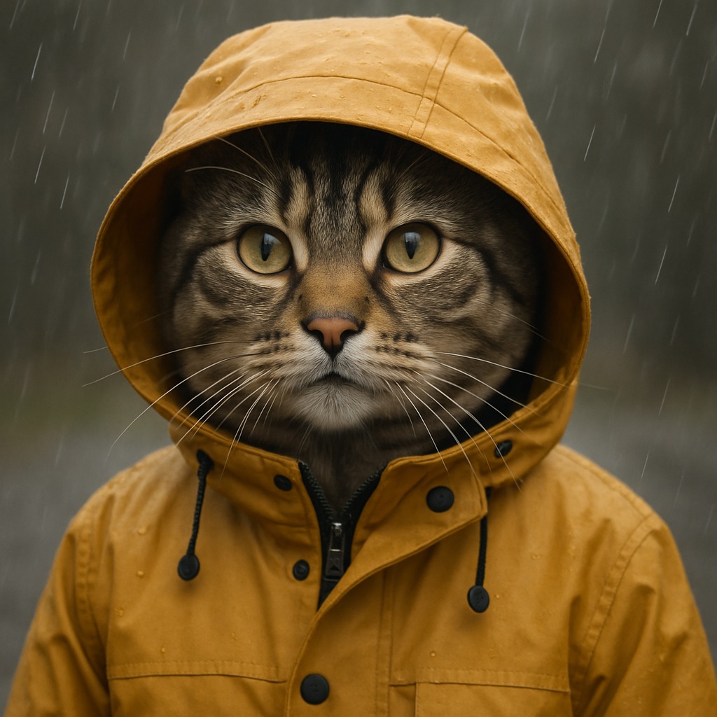 Кот на фоне дождя стоит в куртке с капюшоном на голове