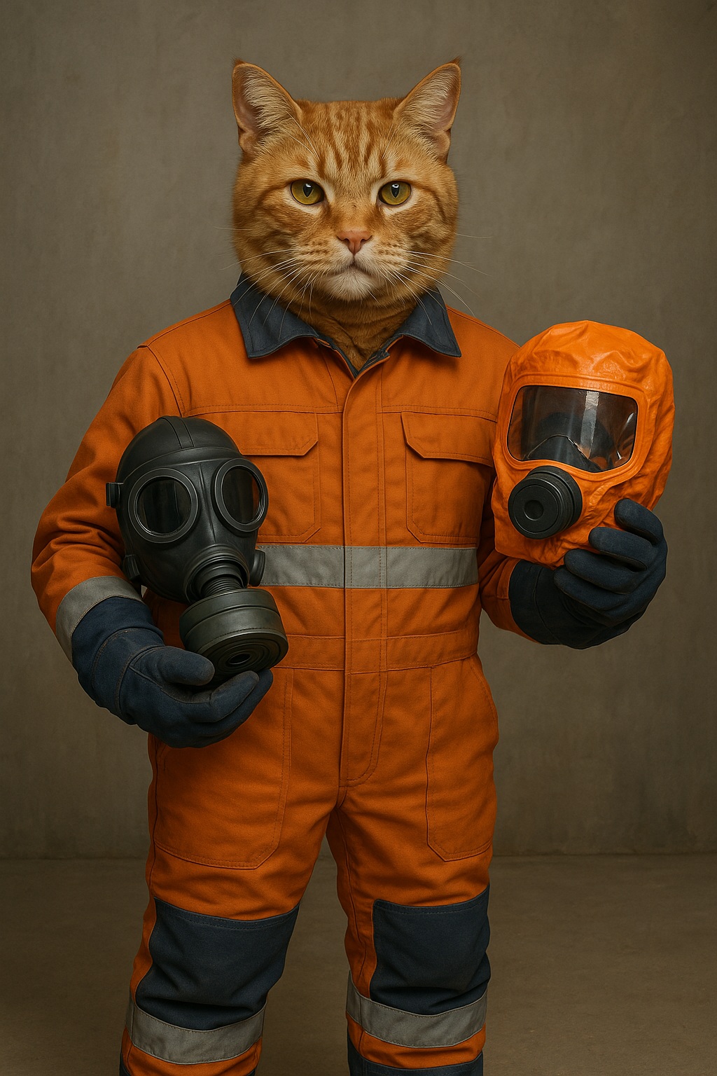 Рыжий кот в защитном оранжевом комбинезоне держит в одной лапе противогаз — черный классический и во второй лапе - самоспасатель оранжевый — на нейтральном фоне.