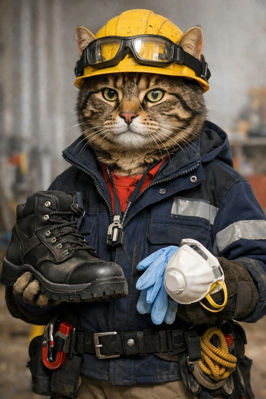 Антропоморфный кот в рабочей спецодежде с каской держит защитные ботинки и маску — иллюстрация к статье о рейтинге спецобуви.