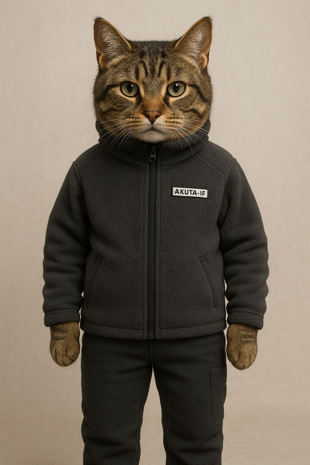 Серый кот стоит в человеческой позе, на нем надет флисовый костюм