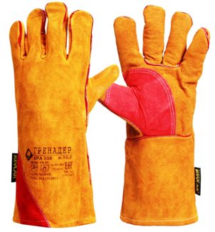 Краги спилковые ГРЕНАДЕР нить Кевлар, оранж. с красной накладкой дл.40 см, (КРА008)