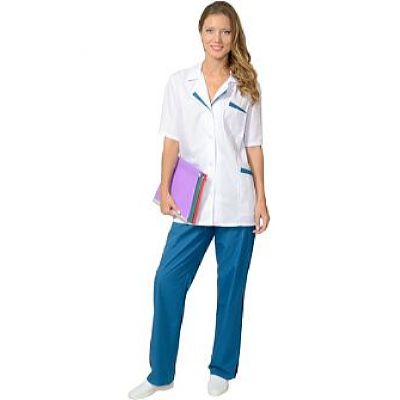 Костюм СИРИУС-ЛИЗА женский: куртка, брюки белый с тёмно-бирюзовым (СТ)